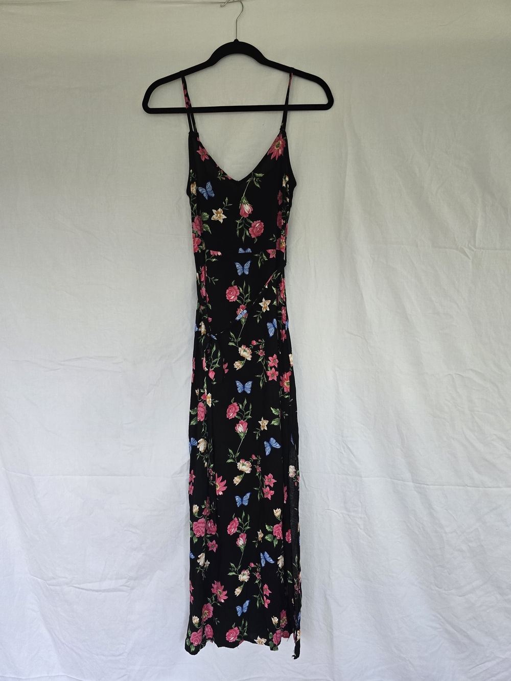 Parisian Works Black Maxi Dress with Pink Roses & Blue Butterflies